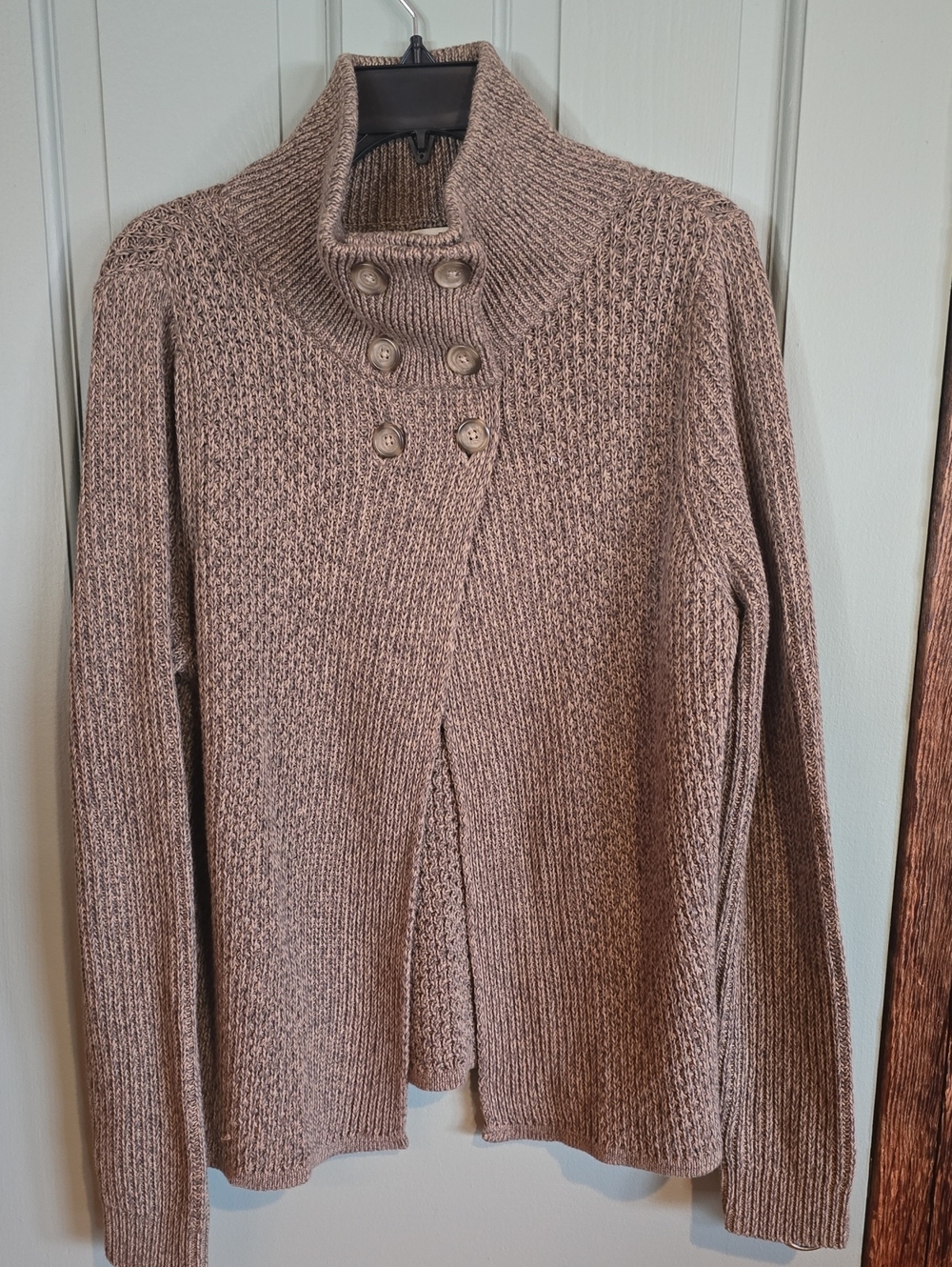 Woolrich Taupe Double-Button Ribbed Turtleneck Sweater. SIZE L